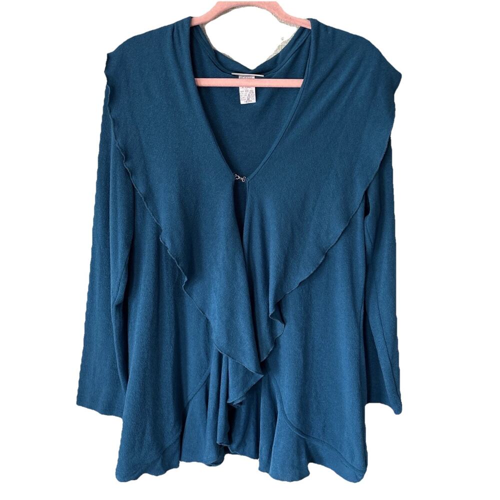 Soft Surroundings Vintage Teal Ruffle Front Cardigan Sweater Sz PL Coastal Soft